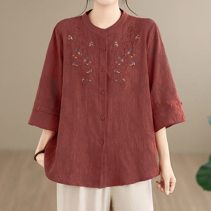 Buddha Stones Camisas de manga larga para mujer con cuello mandarín y bordados estilo vintage Tang para primavera/verano. - image 1