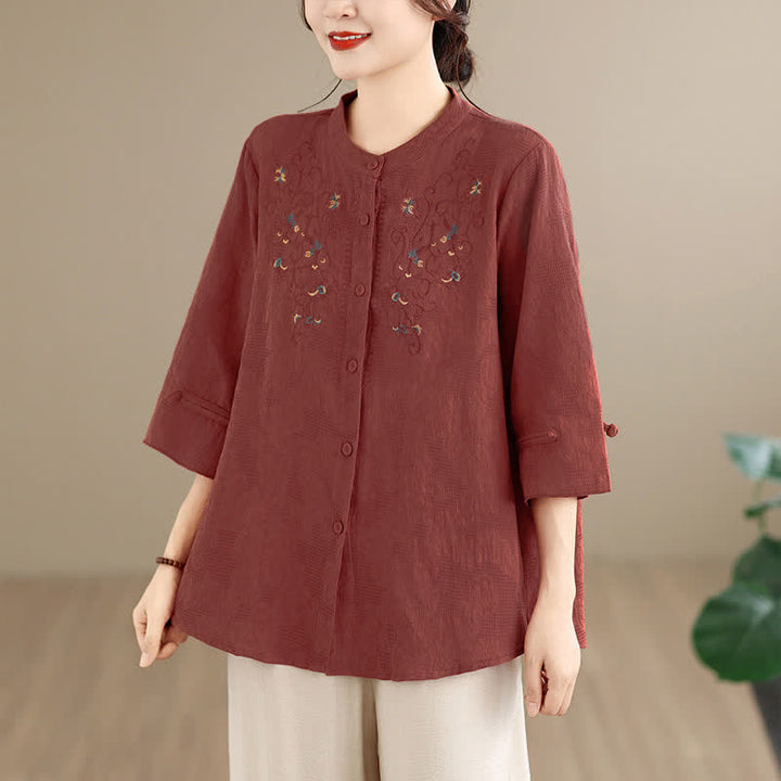 Buddha Stones Camisas de manga larga para mujer con cuello mandarín y bordados estilo vintage Tang para primavera/verano. - Tierra de siena - US12, UK/AU16, EU44 (3XL) - image 0