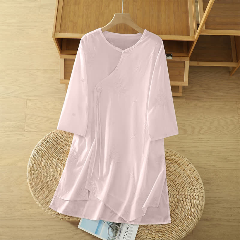 Buddha Stones Vestido veraniego informal de mujer con cuello redondo, mangas tres cuartos, cuello redondo y bolsillos, con bordado floral. - Rubor lavanda - US14, UK/AU18, EU46 (2XL) - image 6