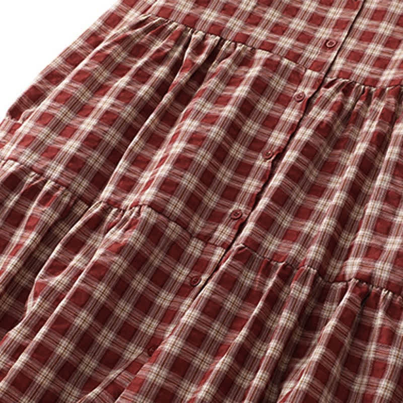 Buddha Stones Vestido de mujer de manga larga con botones, estampado a cuadros rojo y estilo vintage, con bolsillos. - image 6