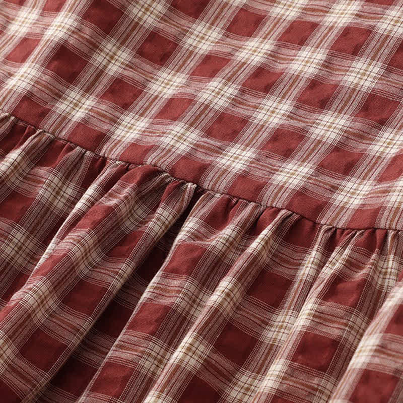 Buddha Stones Vestido de mujer de manga larga con botones, estampado a cuadros rojo y estilo vintage, con bolsillos. - image 5