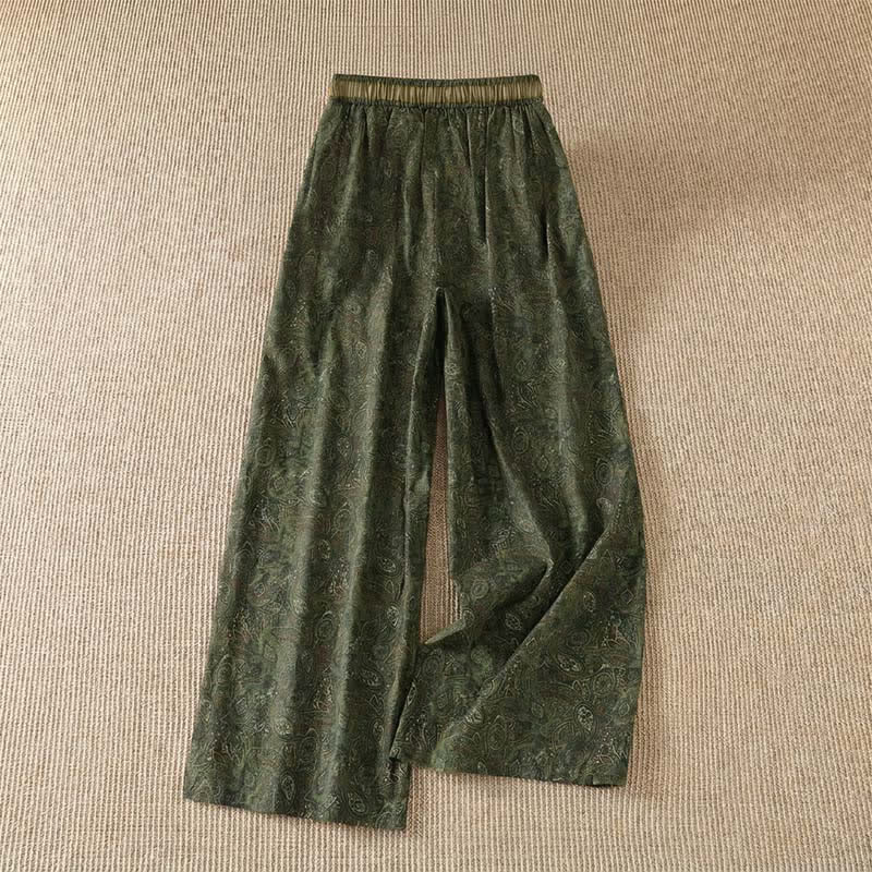 Buddha Stones Pantalones largos de mujer estilo boho con cordón ajustable, color verde y estampado abstracto, ideales para primavera y verano. Pierna ancha y bolsillo. - image 1