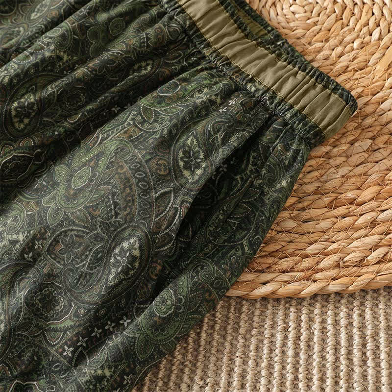 Buddha Stones Pantalones largos de mujer estilo boho con cordón ajustable, color verde y estampado abstracto, ideales para primavera y verano. Pierna ancha y bolsillo. - image 6