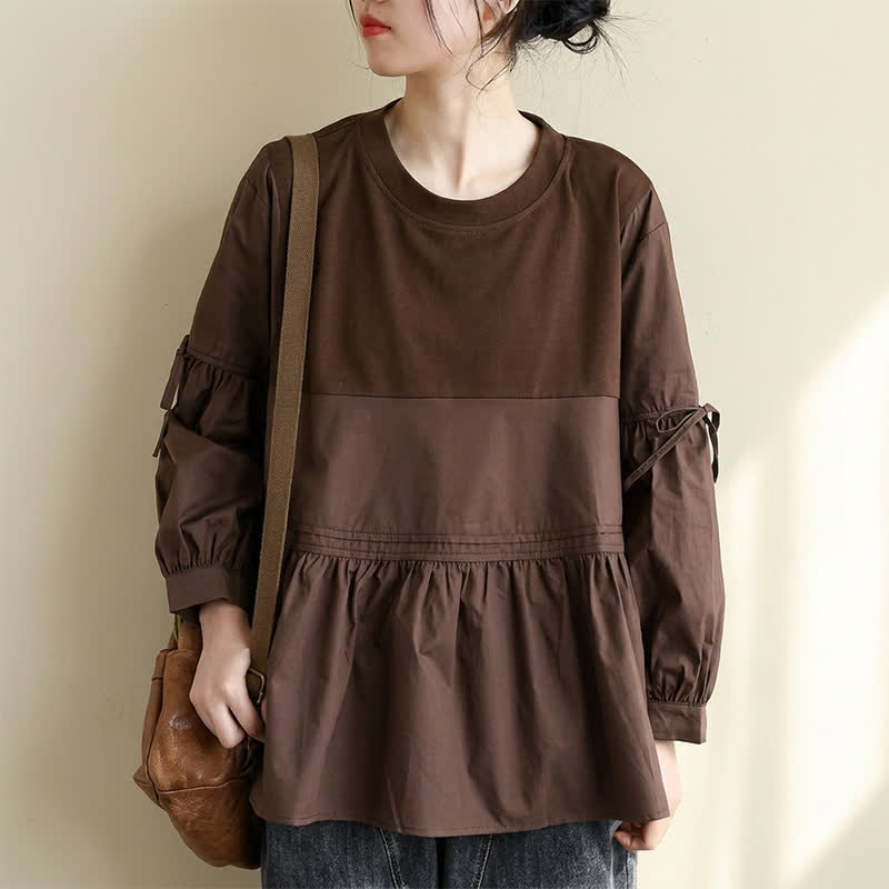 Buddha Stones Camiseta de manga larga para mujer, estilo casual vintage, con cuello redondo, bajo peplum y cordón ajustable, ideal para primavera y otoño. - image 1