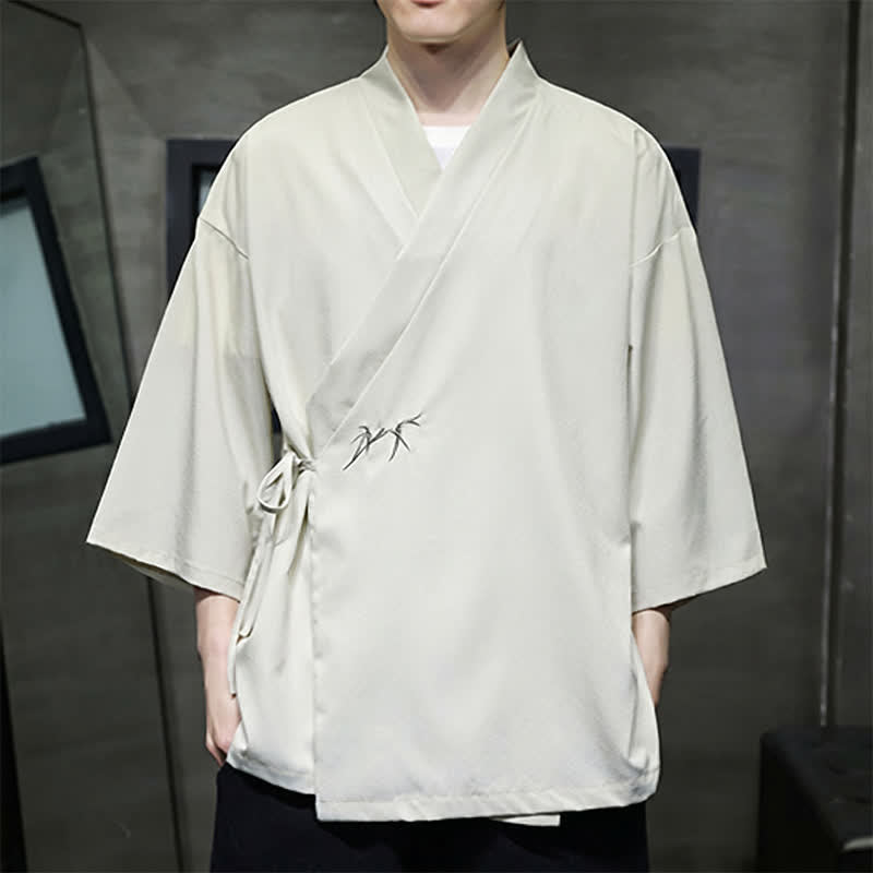 Buddha Stones Kimono de hombre estilo Tang minimalista con cordón ajustable, de bambú liso y manga tres cuartos. - image 1