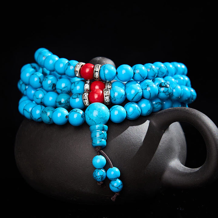 Buddha Stones Mala tibetano redondo de turquesa con 108 cuentas para protección - 8 mm - image 0