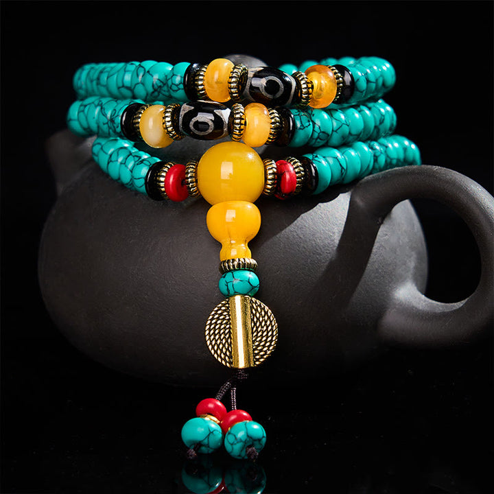 Buddha Stones Mala de comunicación y prosperidad con cuentas de ábaco turquesa y cuentas Dzi de turquesa - 8 mm - image 0