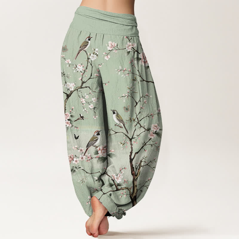 Buddha Stones Pantalones harem de mujer con cintura elástica y estampado de flores de cerezo en algodón. - image 2