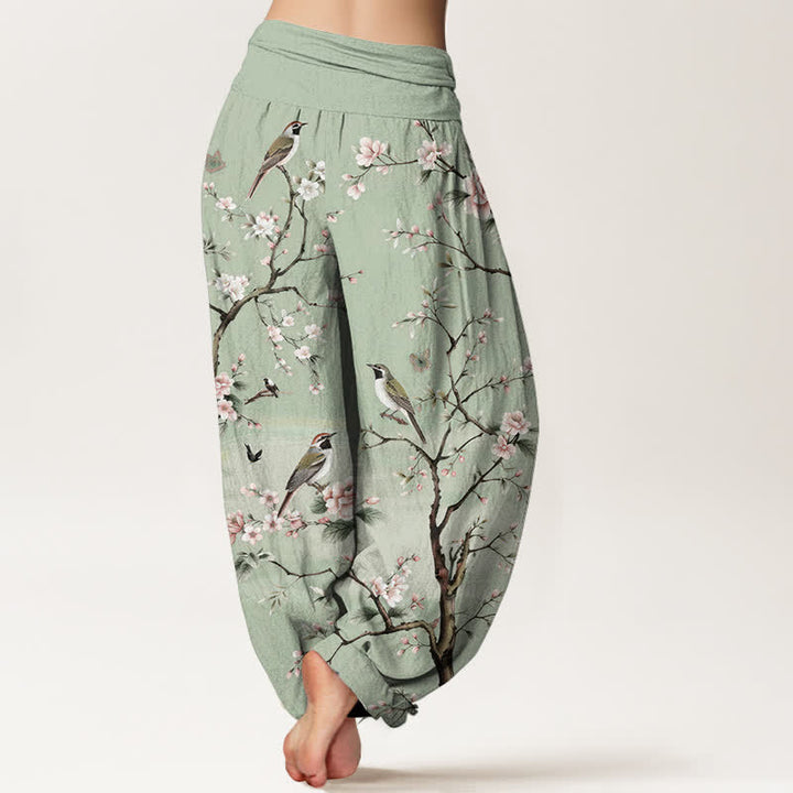 Buddha Stones Pantalones harem de mujer con cintura elástica y estampado de flores de cerezo en algodón. - image 2