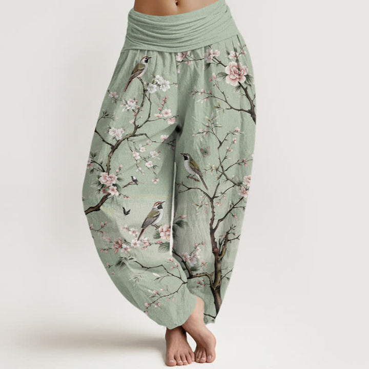 Buddha Stones Pantalones harem de mujer con cintura elástica y estampado de flores de cerezo en algodón. - Verde claro - US16，UK/AU20，EU48 (3XL) - image 0