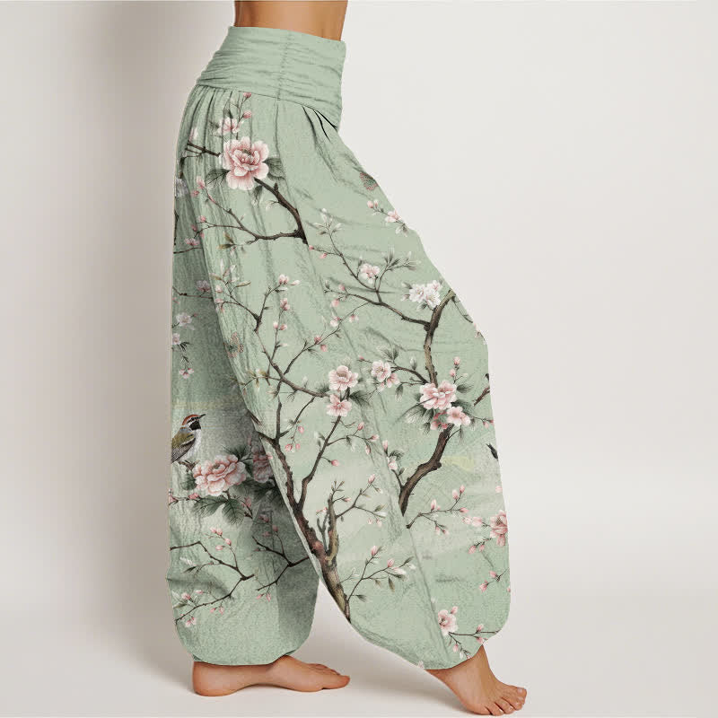 Buddha Stones Pantalones harem de mujer con cintura elástica y estampado de flores de cerezo en algodón. - image 1