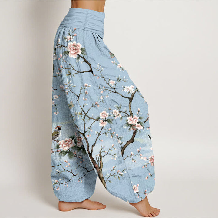 Buddha Stones Pantalones harem de mujer con cintura elástica y estampado de flores de cerezo en algodón. - image 6