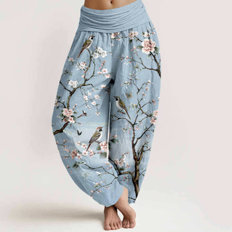Buddha Stones Pantalones harem de mujer con cintura elástica y estampado de flores de cerezo en algodón. - Azul claro - US16，UK/AU20，EU48 (3XL) - image 5