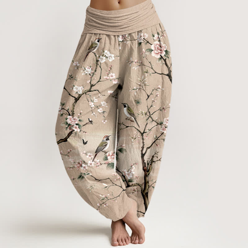 Buddha Stones Pantalones harem de mujer con cintura elástica y estampado de flores de cerezo en algodón. - BurlyWood - US16，UK/AU20，EU48 (3XL) - image 8