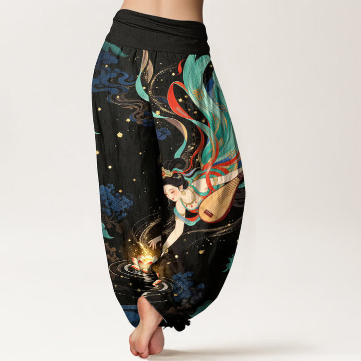 Buddha Stones Pantalones harem de algodón con estampado de loto y músico celestial para mujer con cintura elástica. - image 2