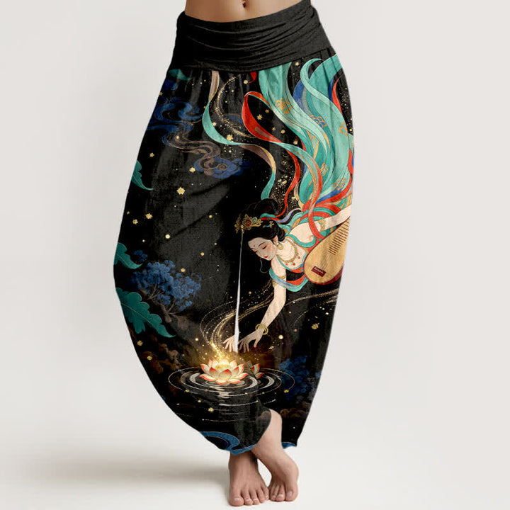Buddha Stones Pantalones harem de algodón con estampado de loto y músico celestial para mujer con cintura elástica. - Negro - US16，UK/AU20，EU48 (3XL) - image 0