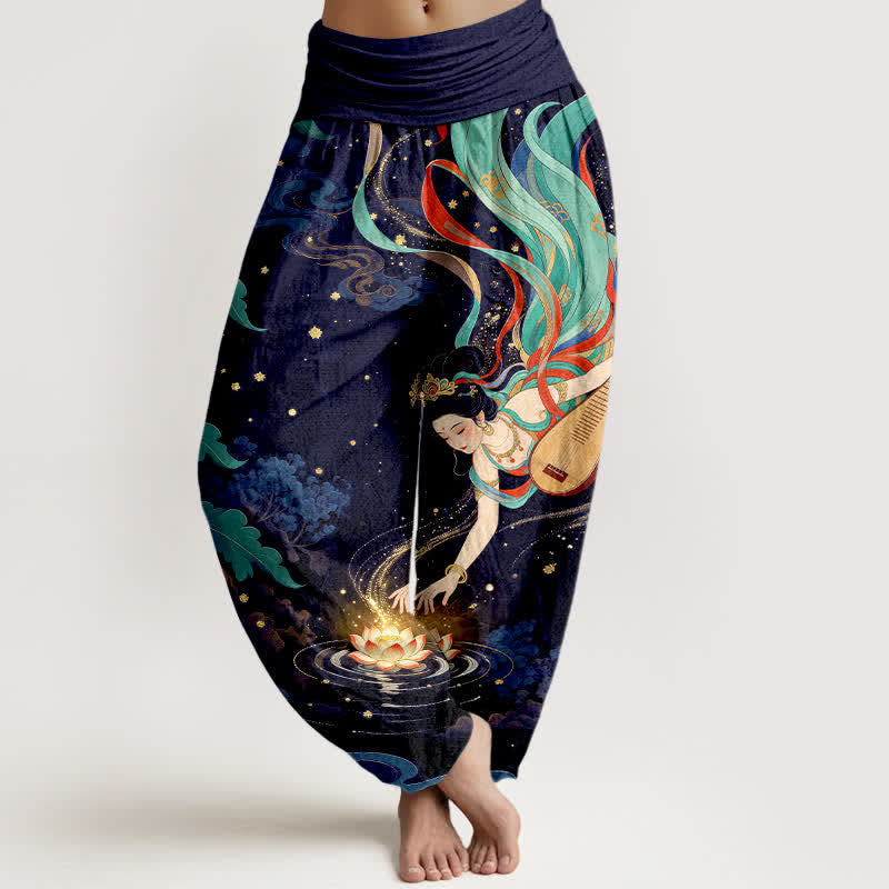 Buddha Stones Pantalones harem de algodón con estampado de loto y músico celestial para mujer con cintura elástica. - Marina de guerra - US16，UK/AU20，EU48 (3XL) - image 5