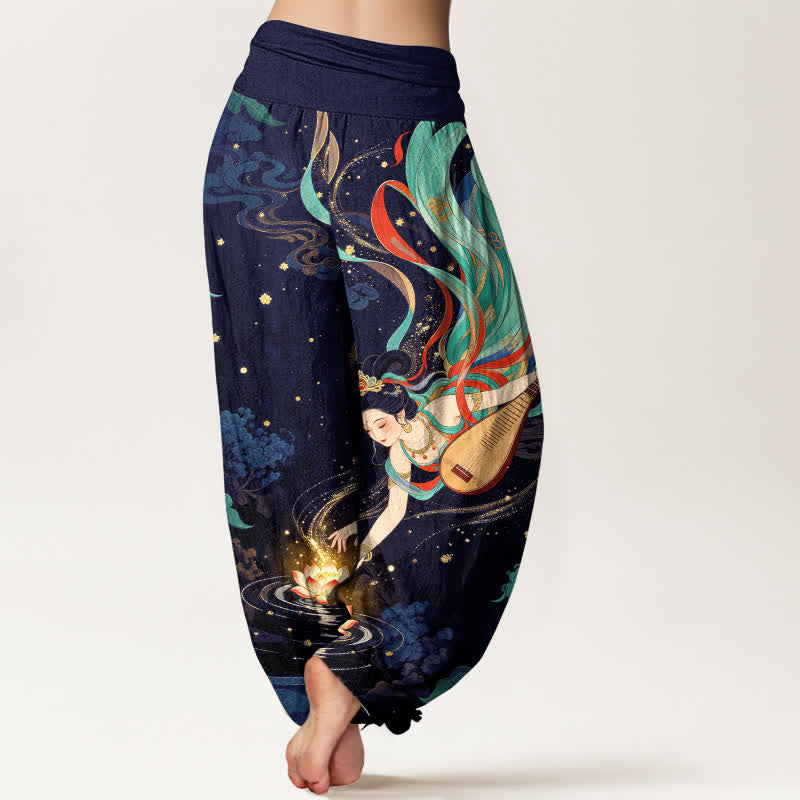 Buddha Stones Pantalones harem de algodón con estampado de loto y músico celestial para mujer con cintura elástica. - image 7