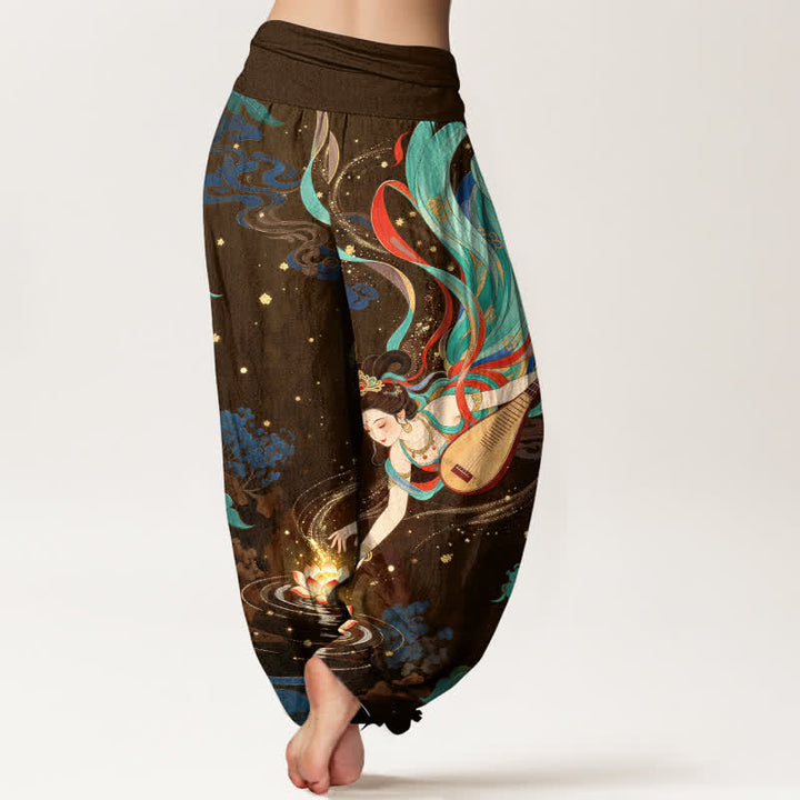 Buddha Stones Pantalones harem de algodón con estampado de loto y músico celestial para mujer con cintura elástica. - image 10