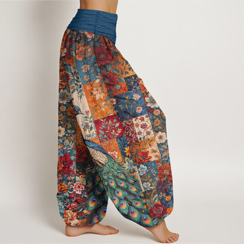 Buddha Stones Pantalones harem de mujer con cintura elástica y estampado floral de pavo real en algodón. - image 1