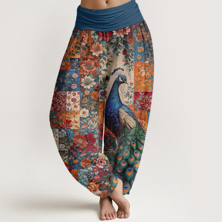 Buddha Stones Pantalones harem de mujer con cintura elástica y estampado floral de pavo real en algodón. - Verde azulado - US16，UK/AU20，EU48 (3XL) - image 0