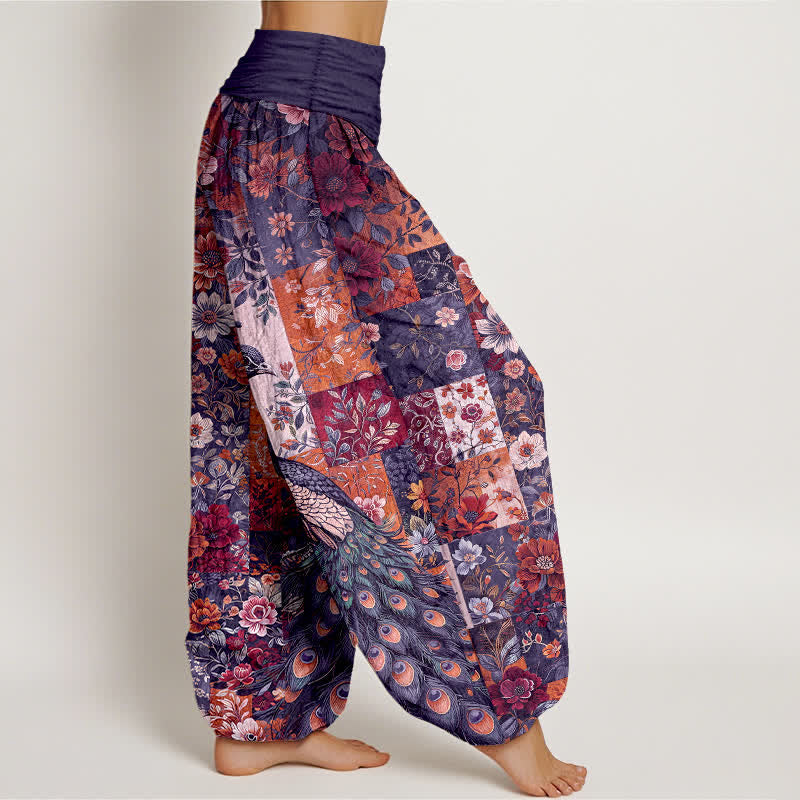 Buddha Stones Pantalones harem de mujer con cintura elástica y estampado floral de pavo real en algodón. - image 6