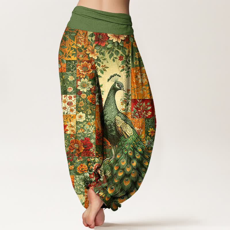 Buddha Stones Pantalones harem de mujer con cintura elástica y estampado floral de pavo real en algodón. - image 10