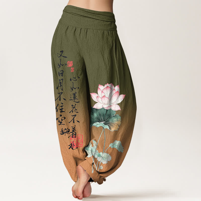 Buddha Stones Pantalones harem de mujer con cintura elástica y estampado de caligrafía de loto de algodón - image 2