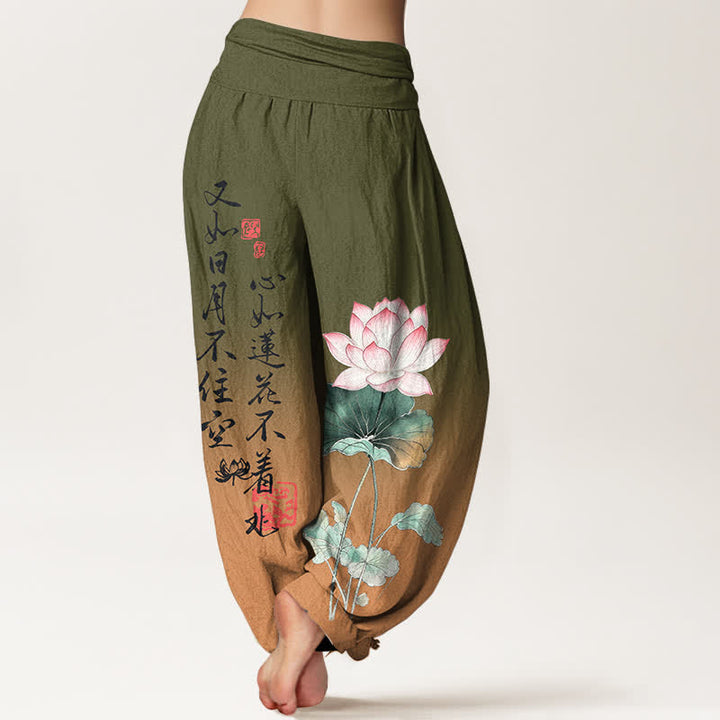 Buddha Stones Pantalones harem de mujer con cintura elástica y estampado de caligrafía de loto de algodón - image 2