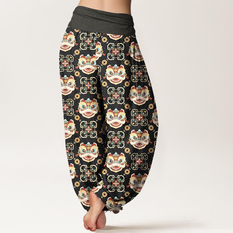 Buddha Stones Pantalones harem de mujer con cintura elástica y estampado de máscara de león tribal de algodón para mujer - image 2
