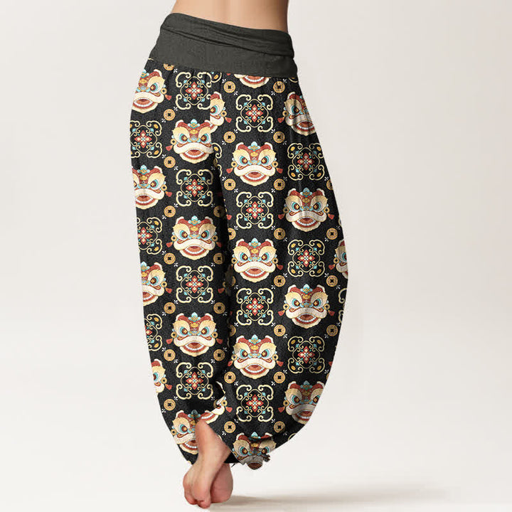 Buddha Stones Pantalones harem de mujer con cintura elástica y estampado de máscara de león tribal de algodón para mujer - image 2