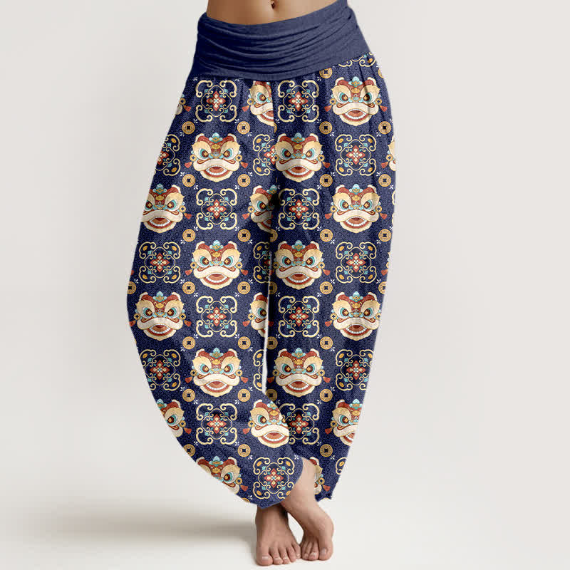 Buddha Stones Pantalones harem de mujer con cintura elástica y estampado de máscara de león tribal de algodón para mujer - Marina de guerra - US16，UK/AU20，EU48 (3XL) - image 5
