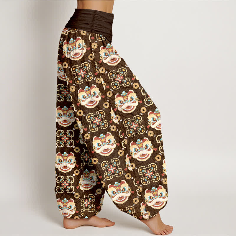 Buddha Stones Pantalones harem de mujer con cintura elástica y estampado de máscara de león tribal de algodón para mujer - image 9