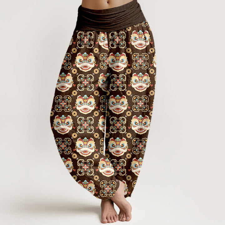 Buddha Stones Pantalones harem de mujer con cintura elástica y estampado de máscara de león tribal de algodón para mujer - Marrón silla de montar - US16，UK/AU20，EU48 (3XL) - image 8