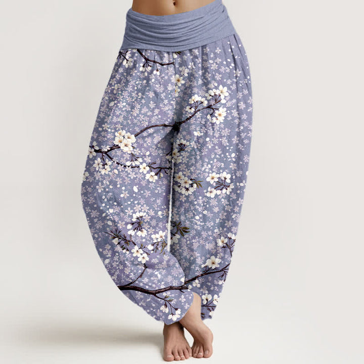 Buddha Stones Pantalones harem de mujer con cintura elástica y estampado de ramas de flores blancas de algodón. - Lavanda - US16，UK/AU20，EU48 (3XL) - image 5