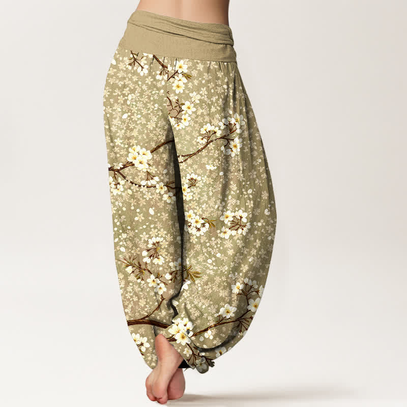Buddha Stones Pantalones harem de mujer con cintura elástica y estampado de ramas de flores blancas de algodón. - image 10