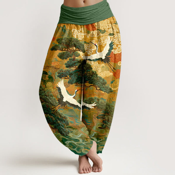 Buddha Stones Pantalones harem de mujer con cintura elástica y estampado de grullas de algodón y pinos. - Verde lima - US16，UK/AU20，EU48 (3XL) - image 0