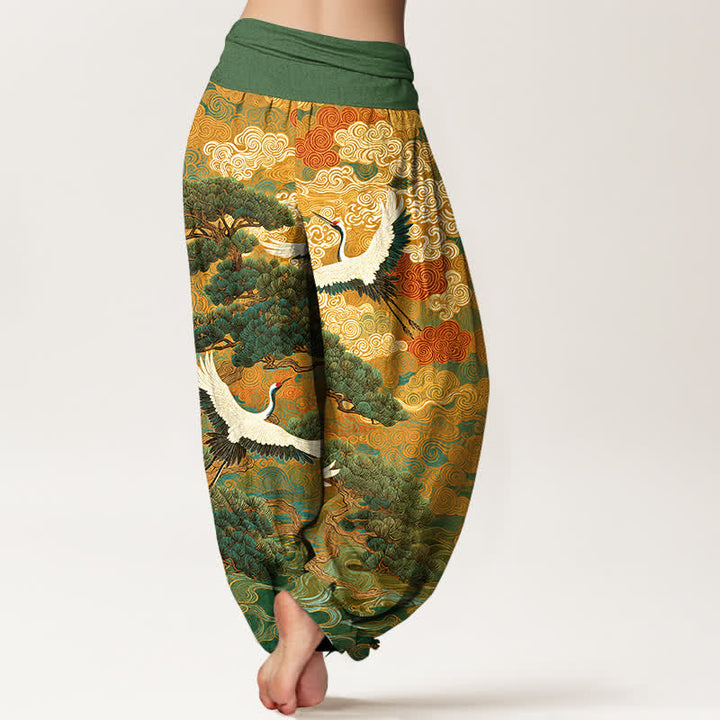 Buddha Stones Pantalones harem de mujer con cintura elástica y estampado de grullas de algodón y pinos. - image 2