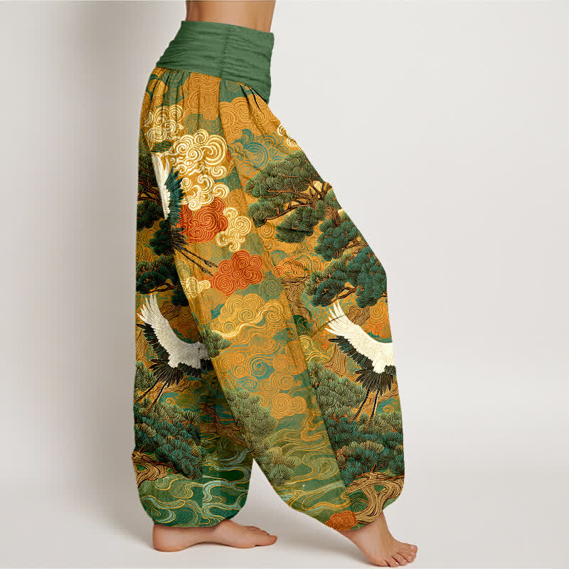 Buddha Stones Pantalones harem de mujer con cintura elástica y estampado de grullas de algodón y pinos. - image 1
