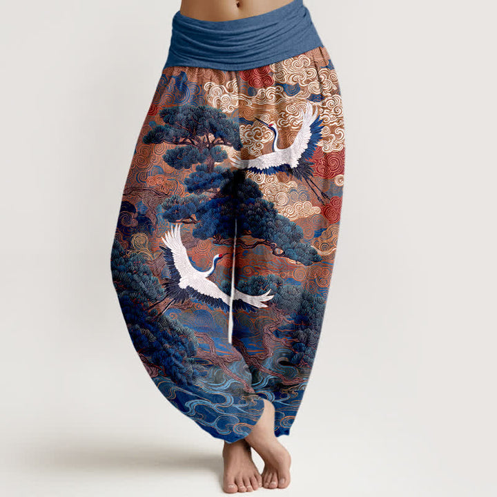 Buddha Stones Pantalones harem de mujer con cintura elástica y estampado de grullas de algodón y pinos. - Marina de guerra - US16，UK/AU20，EU48 (3XL) - image 5