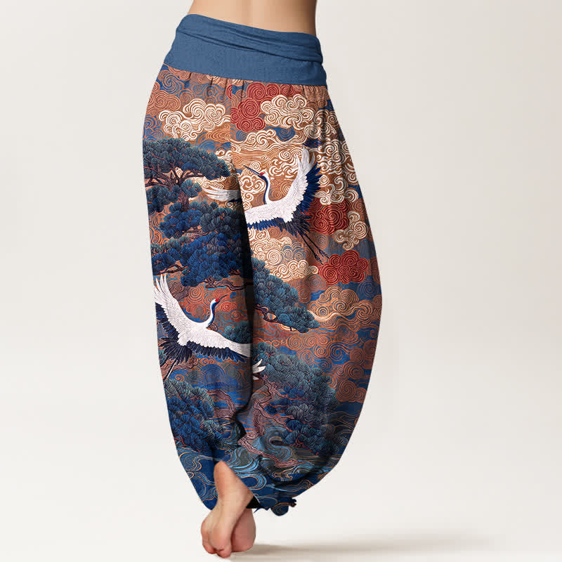 Buddha Stones Pantalones harem de mujer con cintura elástica y estampado de grullas de algodón y pinos. - image 7