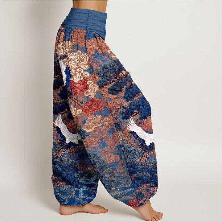 Buddha Stones Pantalones harem de mujer con cintura elástica y estampado de grullas de algodón y pinos. - image 6