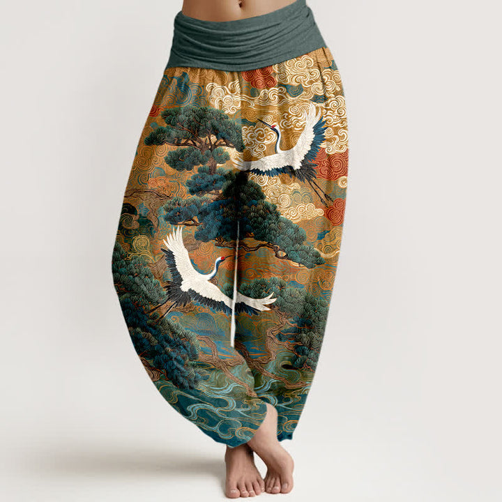 Buddha Stones Pantalones harem de mujer con cintura elástica y estampado de grullas de algodón y pinos. - Azul cadete - US16，UK/AU20，EU48 (3XL) - image 8