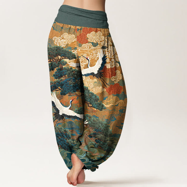 Buddha Stones Pantalones harem de mujer con cintura elástica y estampado de grullas de algodón y pinos. - image 10
