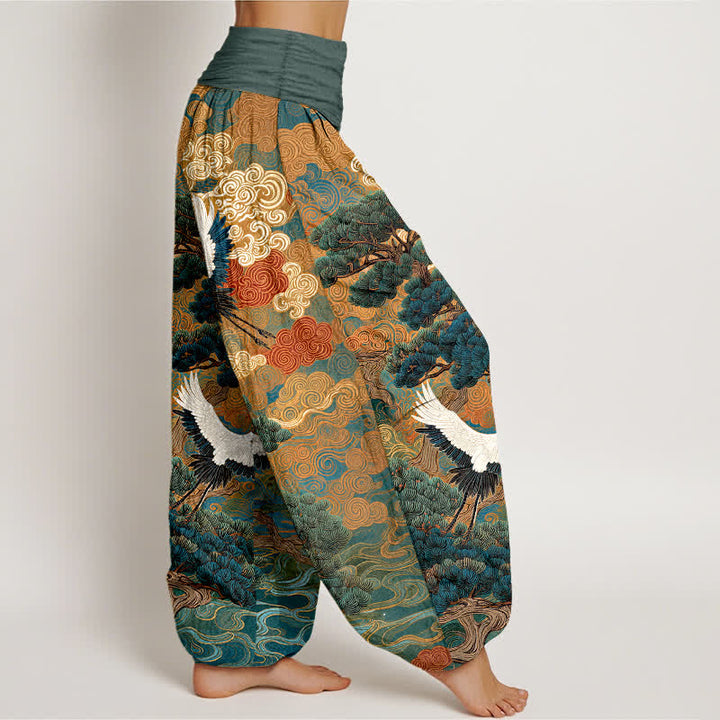 Buddha Stones Pantalones harem de mujer con cintura elástica y estampado de grullas de algodón y pinos. - image 9