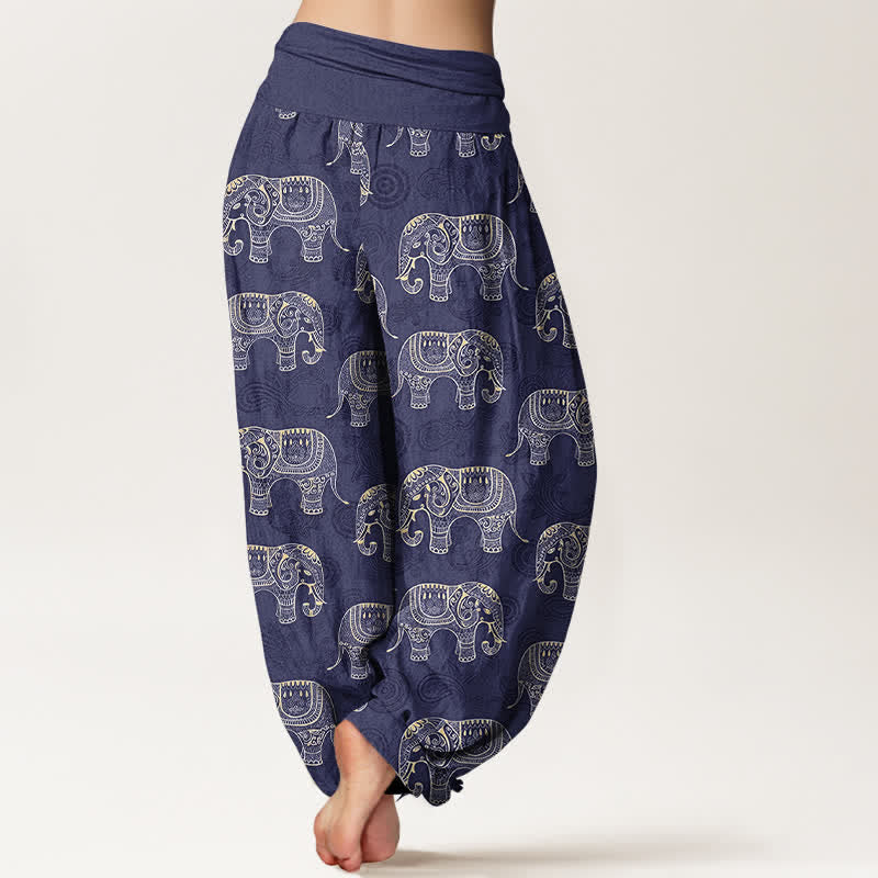 Buddha Stones Pantalones harem de algodón con estampado de elefante blanco y cintura elástica para mujer. - image 2