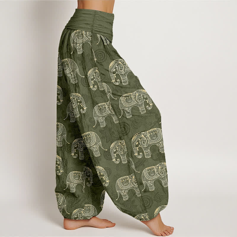 Buddha Stones Pantalones harem de algodón con estampado de elefante blanco y cintura elástica para mujer. - image 6