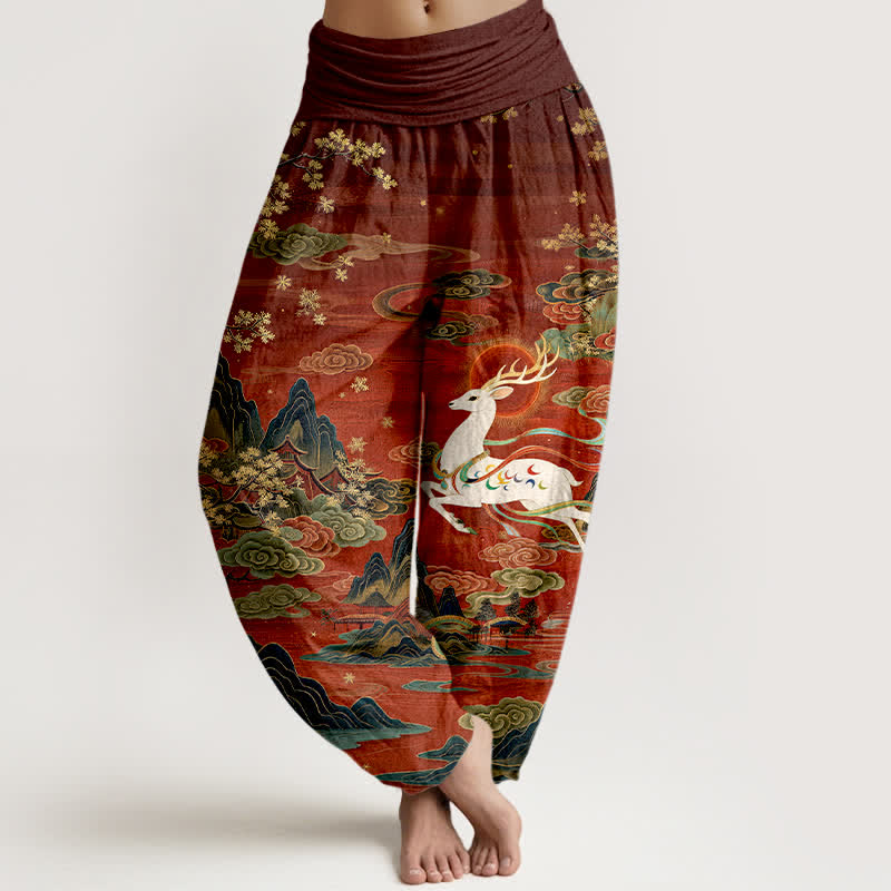 Buddha Stones Pantalones harem de mujer con cintura elástica y estampado de ciervos blancos y algodón. - Granate - US16，UK/AU20，EU48 (3XL) - image 0