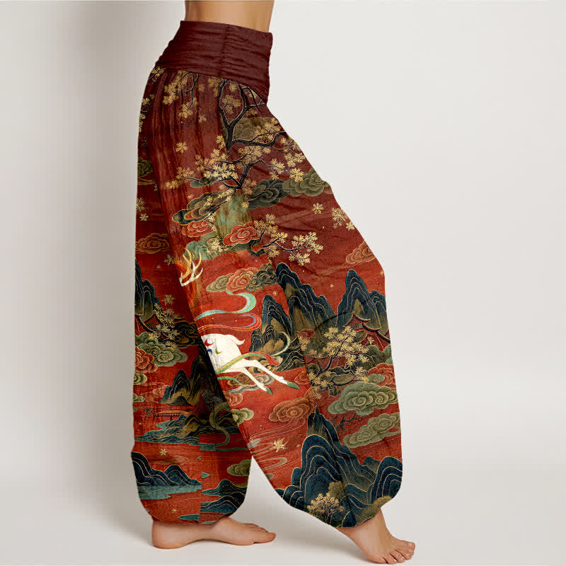 Buddha Stones Pantalones harem de mujer con cintura elástica y estampado de ciervos blancos y algodón. - image 1