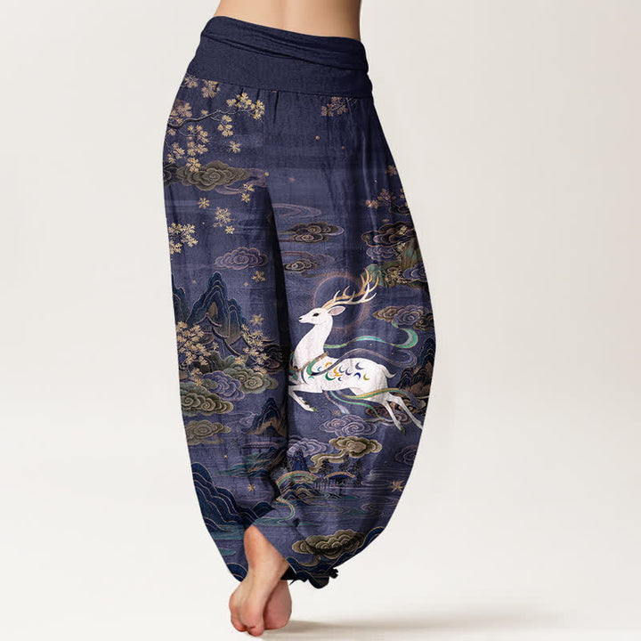Buddha Stones Pantalones harem de mujer con cintura elástica y estampado de ciervos blancos y algodón. - image 7